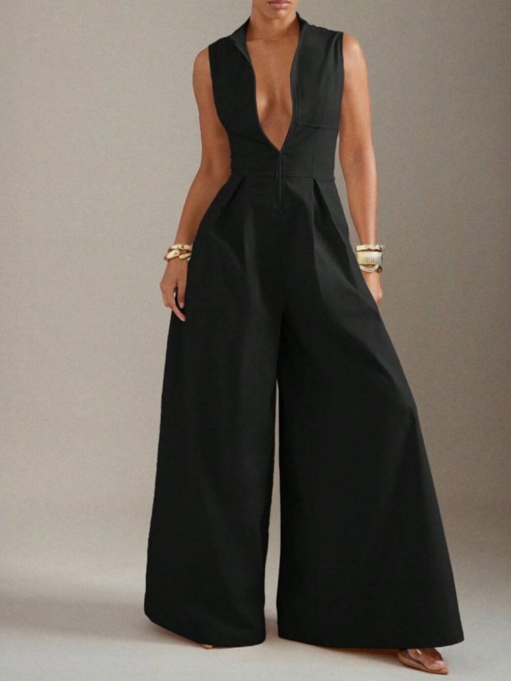 Black Plunge Zip-Front Wide Leg Jumpsuit